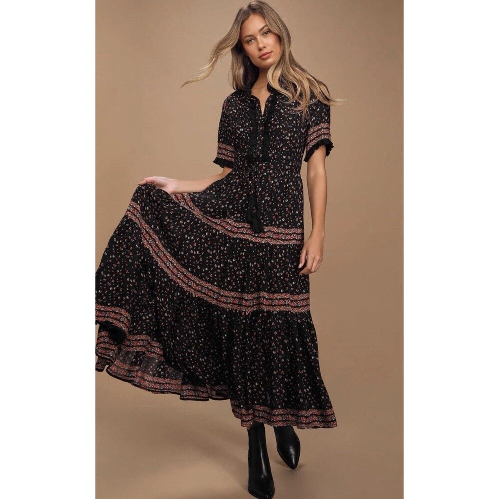 Free People Rare Feelings Tiered Pleated Prairie Floral Boho‎ Maxi Dress XS